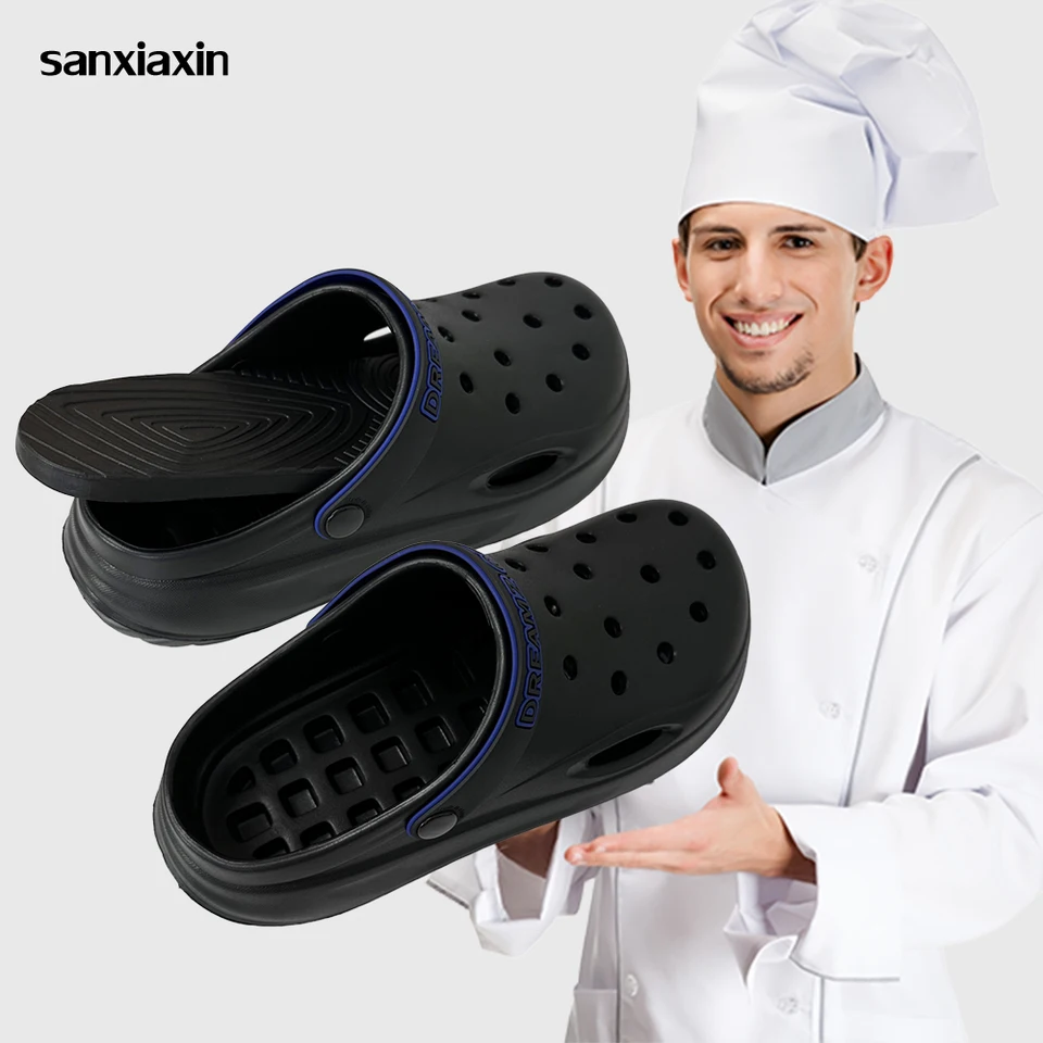 Pánske šéfkuchové topánky vodoterné olejové kuchynské topánky Non-Slip Garden Clogs Muž letná pláž klzpery hotelová pracovná topánka Eva Sandal