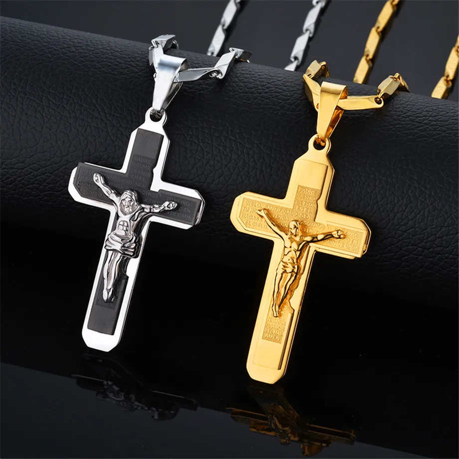 Pánsky biblický kríž Jesus kus prívesku náhrdelník čierna zlatá farba z nehrdzavejúcej ocele Kristus Crucifix Muž kresťanský židovník