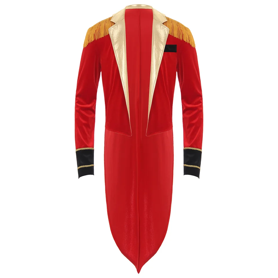 Pánsky cirkusový hlavný ringmaster kostým metalický showman bunda Halloween téma Party Tailco Cat Tassel Velvet Lander-Tailed Coat