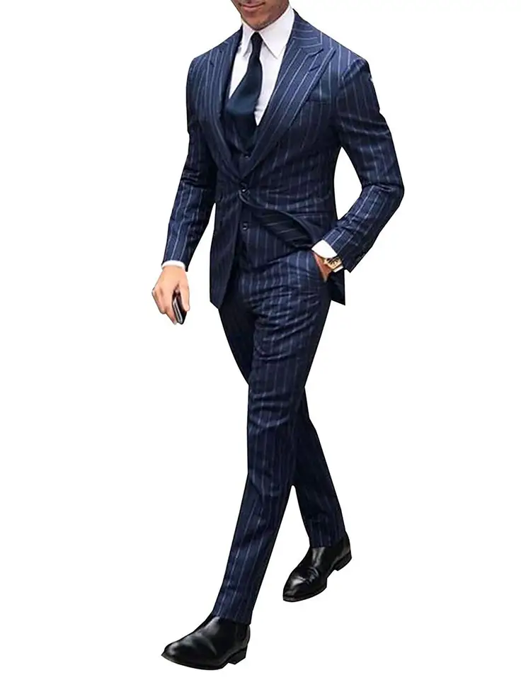 Pánsky jeden gombík Pinstripe Suit vrchol klopa bunda smoking vesty nohavice šaty Groom Business smoking muži obleky svadobné plesové obleky