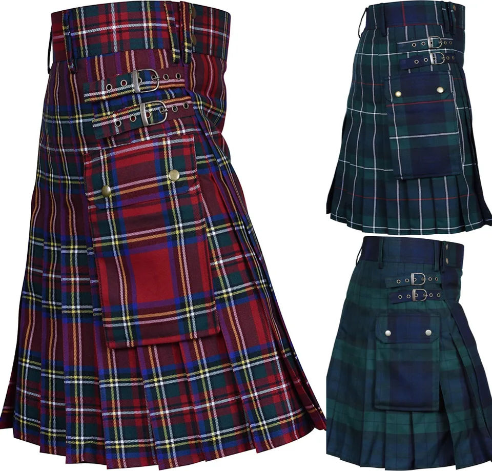 Pánsky módny škótsky štýl Plaid Contrast farebná skladaná sukňa Pánska krátka sukňa Tradičné vysočiny Tartan Praktické kilt