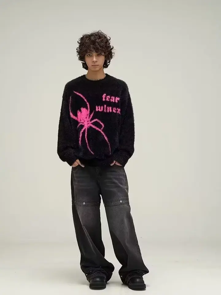 Pánsky pavúk Jacquard Sweater Jeseň zimný príležitostný štýl American Street Loose Fit Pullovers posádka krk módny trendy y2k mužský sveter