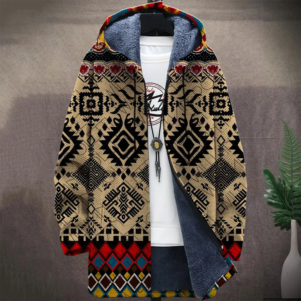 Pánsky rodný retro azték blok grafický zimný nábry Tlač Pletený sveter Mardigan zips s kapucňou hrubý fleece pre mládež