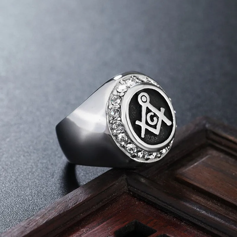 Pánsky slobodomurársky prsteň 316L z nehrdzavejúcej ocele Clear Cz Crystal Vintage Freemason Ring