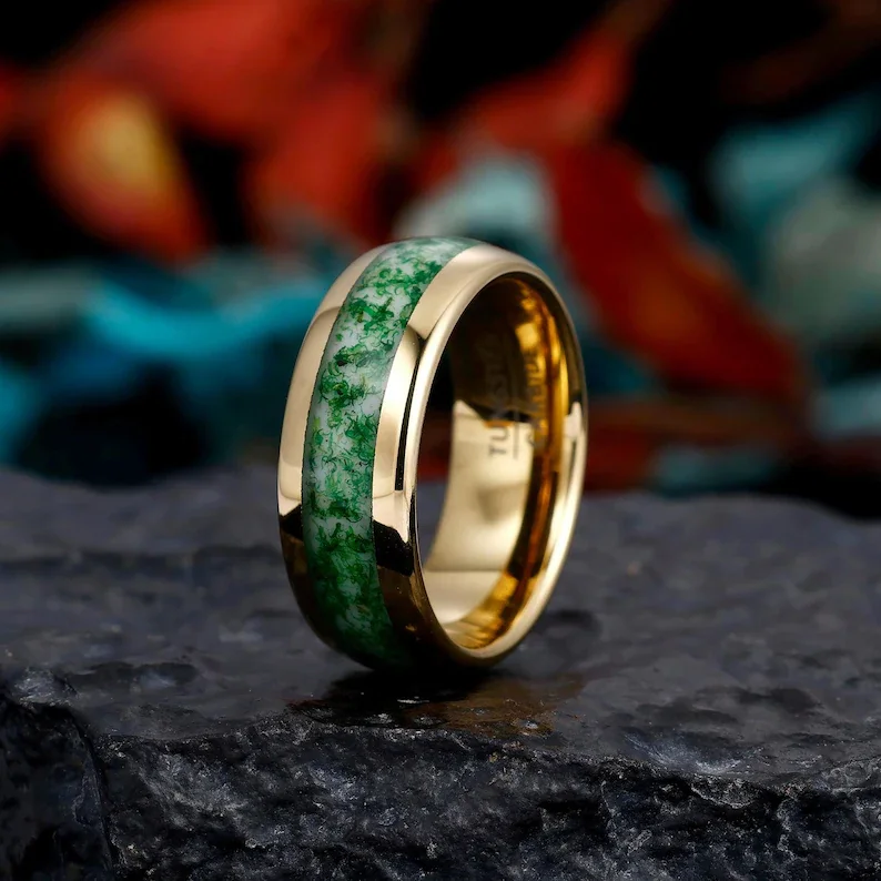 Pánsky snubný prsteň, prsteň volfrámu machu agate, lak 8 mm, pánska svadobná skupina, prírodný machový agát zlatý prsteň