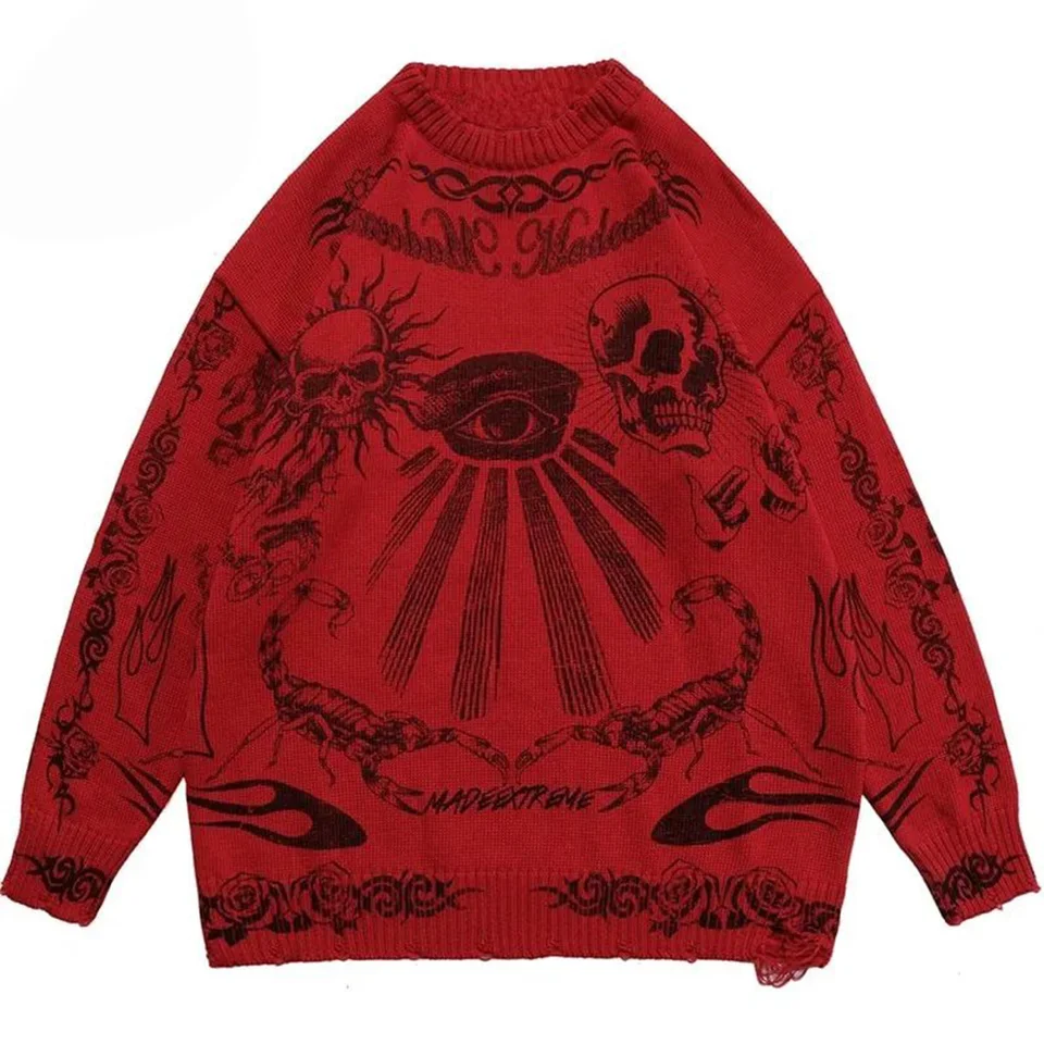 Pánsky sveter gotická lebka eye tlače Streetwear dizajn pullover mladá osobnosť voľný fit útulný denný pletený unisex na jeseň
