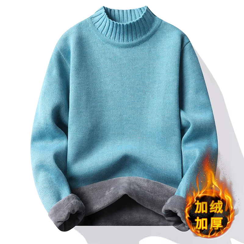 Pánsky zimný fleece pullover pletený sveter vlna plus zamatové odevy hrubé teplé jamky O-krk módy y2k pletené oblečenie