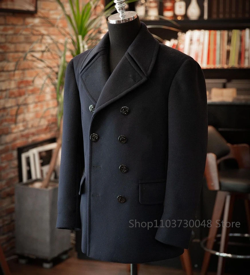 Pánsky čierny vlnený sako dvojité dojčené bunda Slim Fit Male Casual Business Wool Pánska bunda na jeseň a zimu