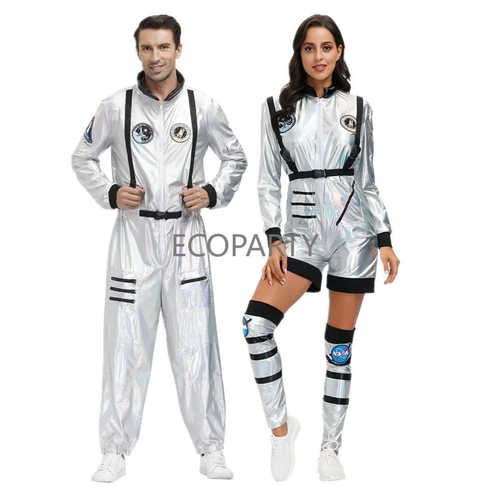 Pár astronaut Spaceman Adult Silver Astronaut kostým Muži žien Spaceman Space Space Strieck Shipsuit Halloween Cosplay Party Dress