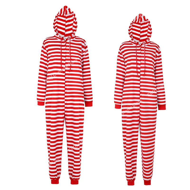 Pár Onesie plus veľkosť vianočné pyžamy červené a biele pruhované jednotky pre dospelých s kombinézou na zips s kapucňou s kapucňou