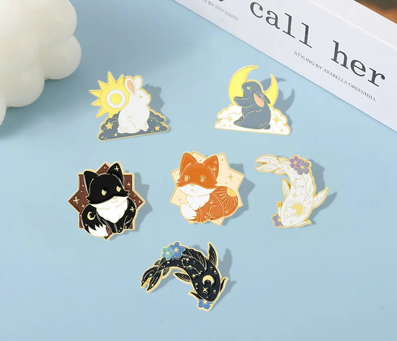 Pár zvierat smalt pins custom líšky králiky ryby brošňa klopne odznak karikatúra klenot