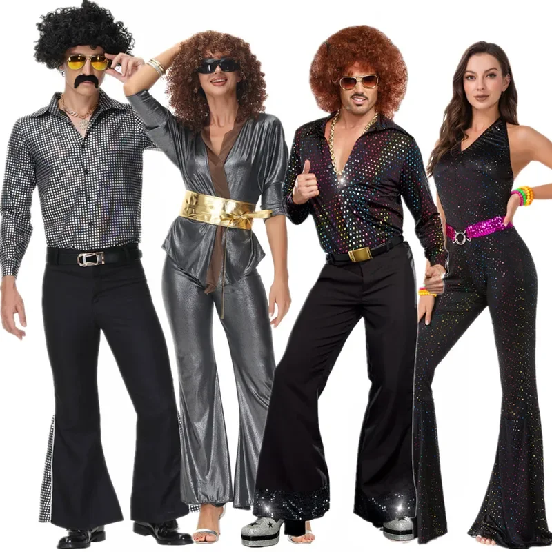 Páry 60. rokov 70. rokov 80. rokov Hippies Disco kostýmy Cosplay dospelých Hippies Dance Outfits Halloween Party sa obliekajú pre mužov ženy