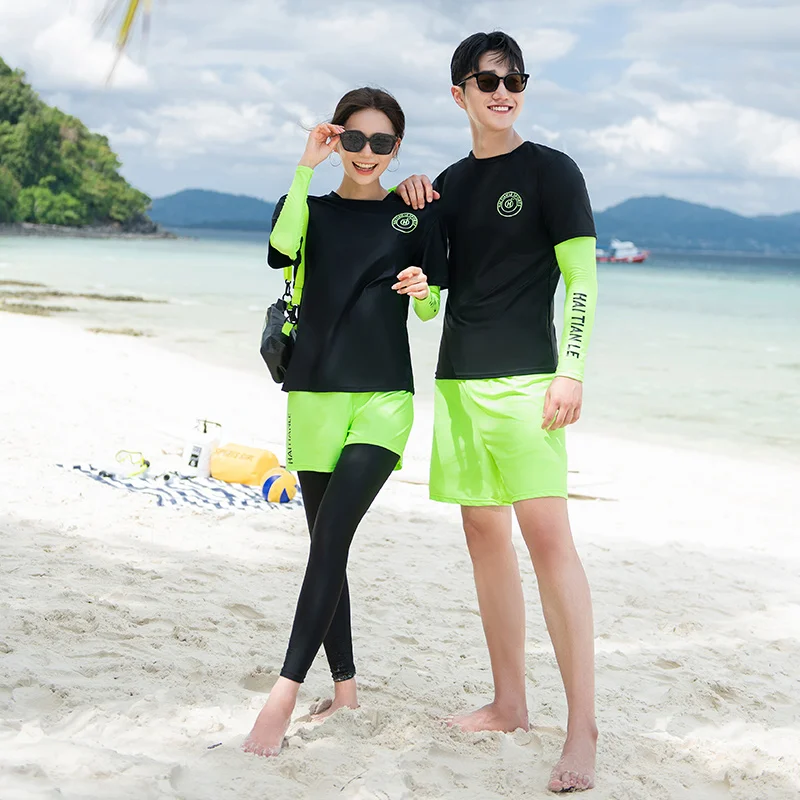 Páry vyrážky stráže Men Ženy UV ochrana pred slnkom s dlhým rukávom Fluorescenčné patchworky Rashguards Tops & Bottoms Full Suit Surf Swim