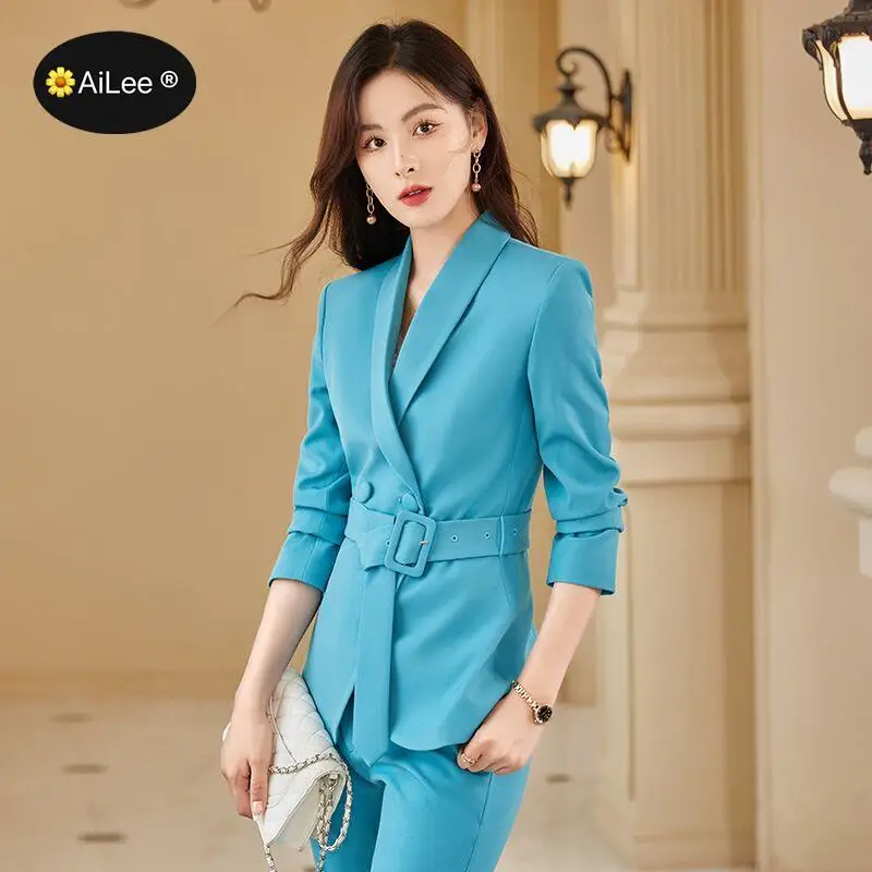 Pásový pás s dvojitým dojčeným dojčené ženy Blazers Suit Pants Set každodenný styling každodenný pracovný úrad obchodná kancelária Coat Charming bunda
