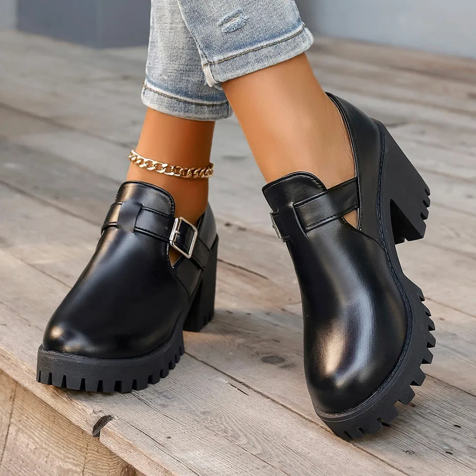 Päta pre ženy dámske módne okrúhle hlava opasok Buckle Single Shoes Chunky High podpätky Príležitostné blízko sandálov klinov pre ženy 구두