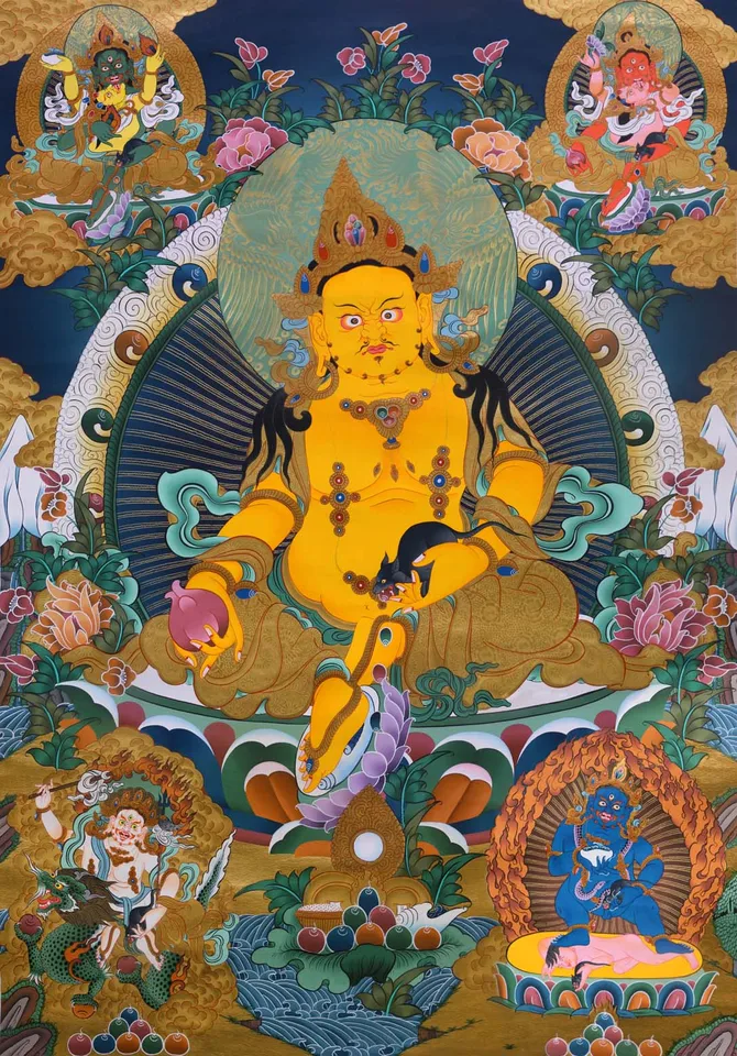 Päť jambhalas thangka, gandhanra tibetská budhistická thangka umenie, Giclee vytlačené a ručne zarámované, 47 