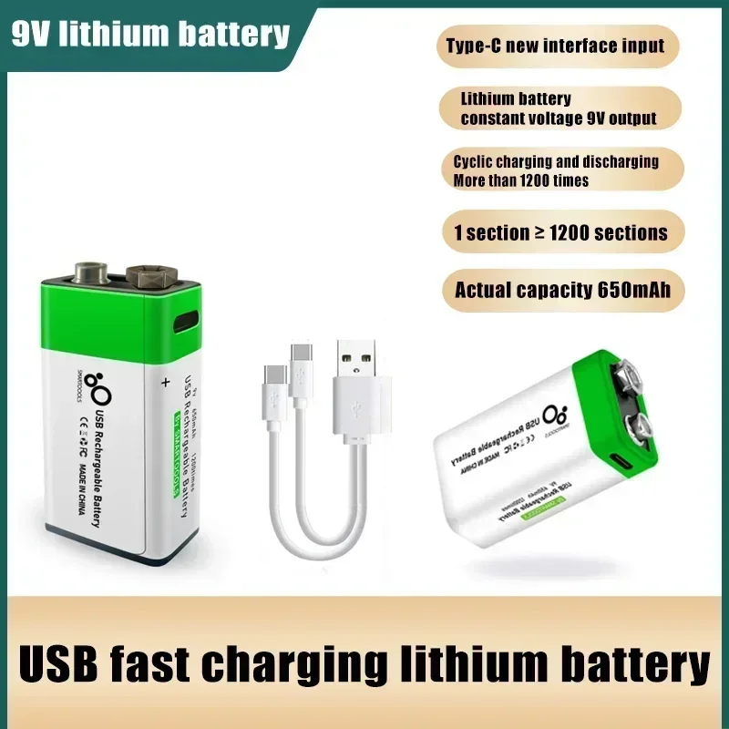 Pôvodná 9V Nabíjateľná batéria 650 mAh pre multimetrový mikrofónový diaľkový ovládač KTV dymový alarm ， multimeter batéria USB+Typ C