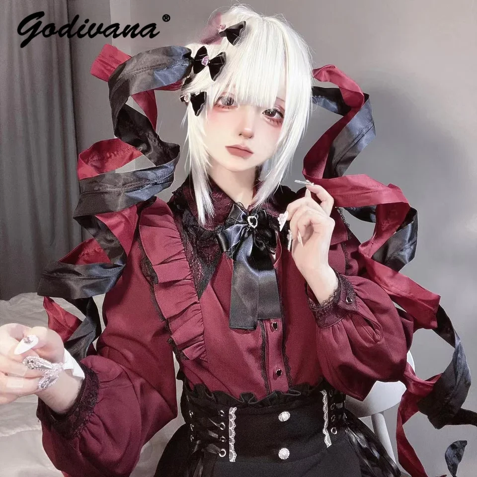 Pôvodná baňa hromadná čipka Patchwork dutý s dlhým rukávom Lolita košeľa japonský štýl dámy blúzky 2024 jarné vrcholy