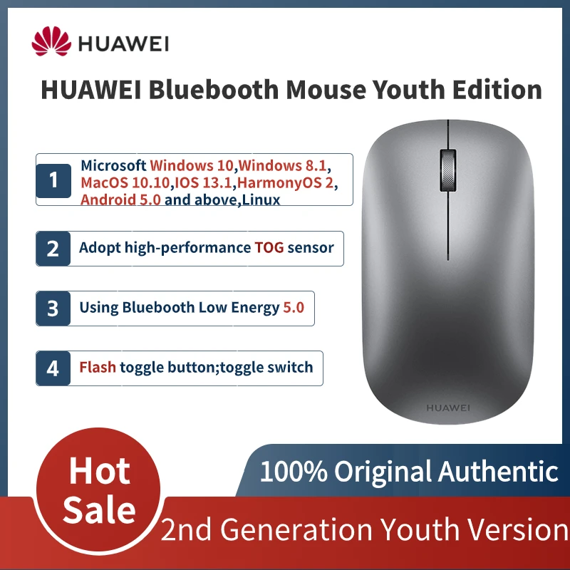 Pôvodná Huawei Bluetooth Mouse Youth Edition CD23 Prenosná bezdrôtová hra Mouse 2. generácia 1200DPI 2,4 GHz Tog Sensor Mouse