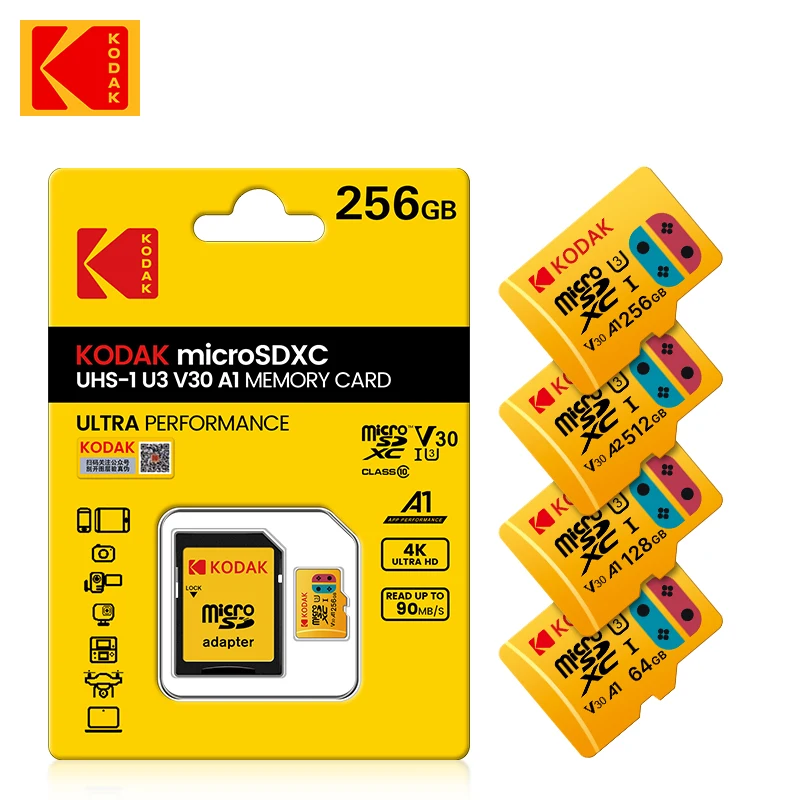 Pôvodná karta Kodak Micro SD 512 GB 256 GB 128 GB 64 GB U3 High Speed ​​Pamäťová karta U3 A1 V30 Class 10 MicrosD TF karta pre adaptér