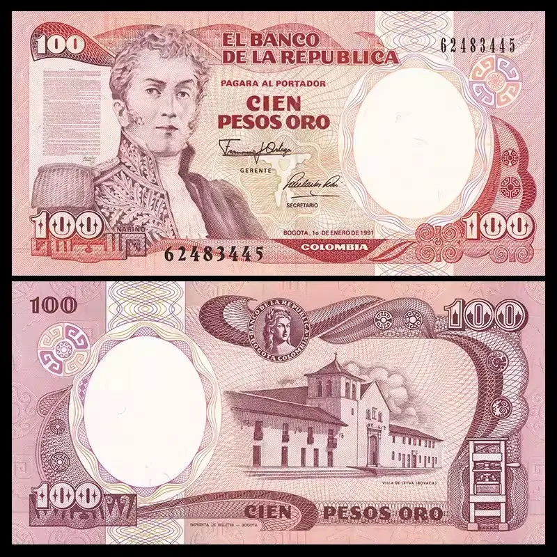 Pôvodná Kolumbia 100 pesos staré papierové peniaze 1991 bankovky úplne nové necitlivé UNC