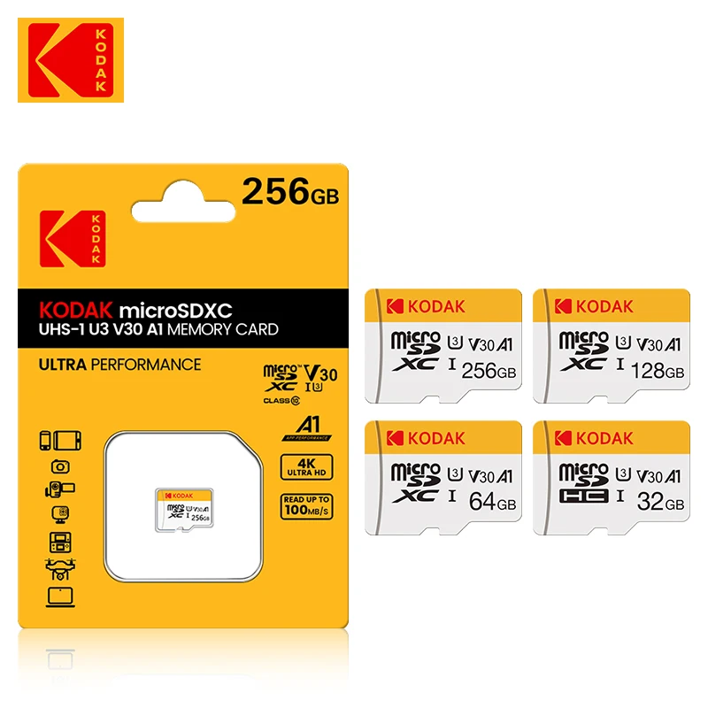 Pôvodná pamäťová karta Kodak 64 GB 128 GB 256 GB U3 4K Micro SD karta 32 GB SDHC UHS-I C10 A1 V30 TF Trans Flash MicroSD