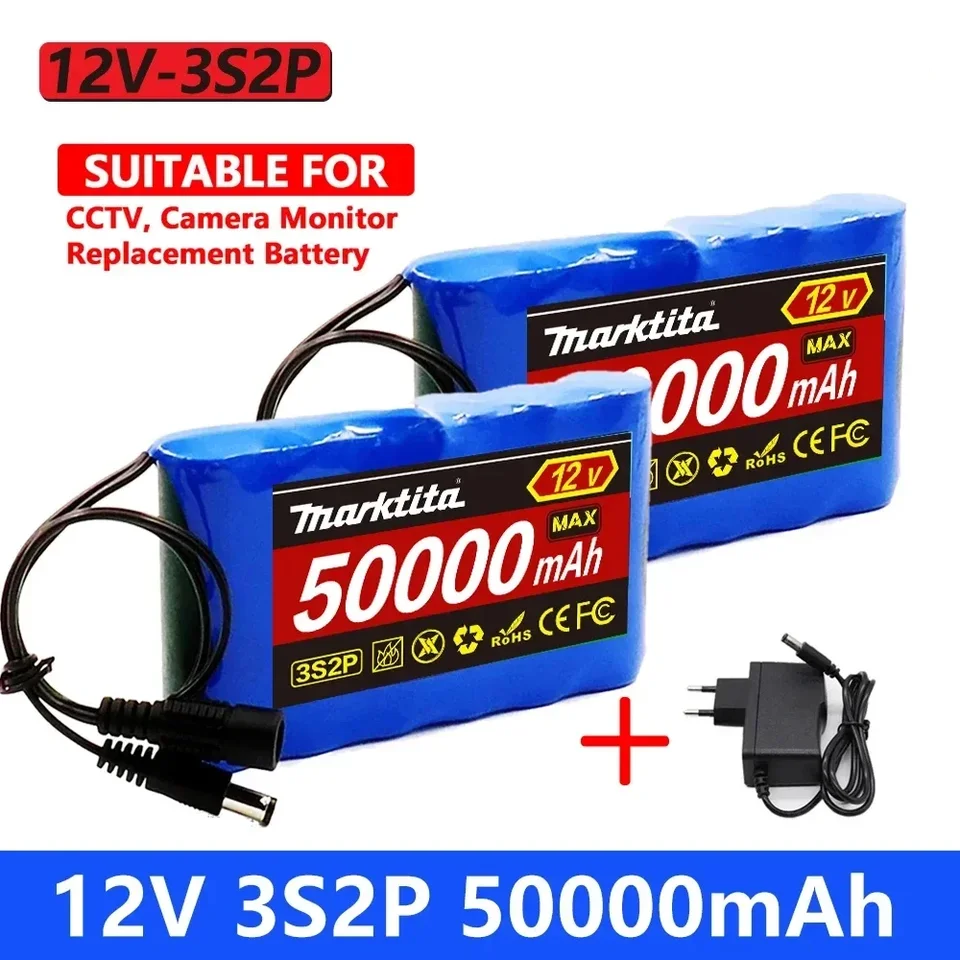 Pôvodná prenosná nabíjateľná li-iónová batéria, 3S2P 12V 50000 mAh pre LED žiarovky záložné svetlo CCTV+ 12,6 V nabíjačka