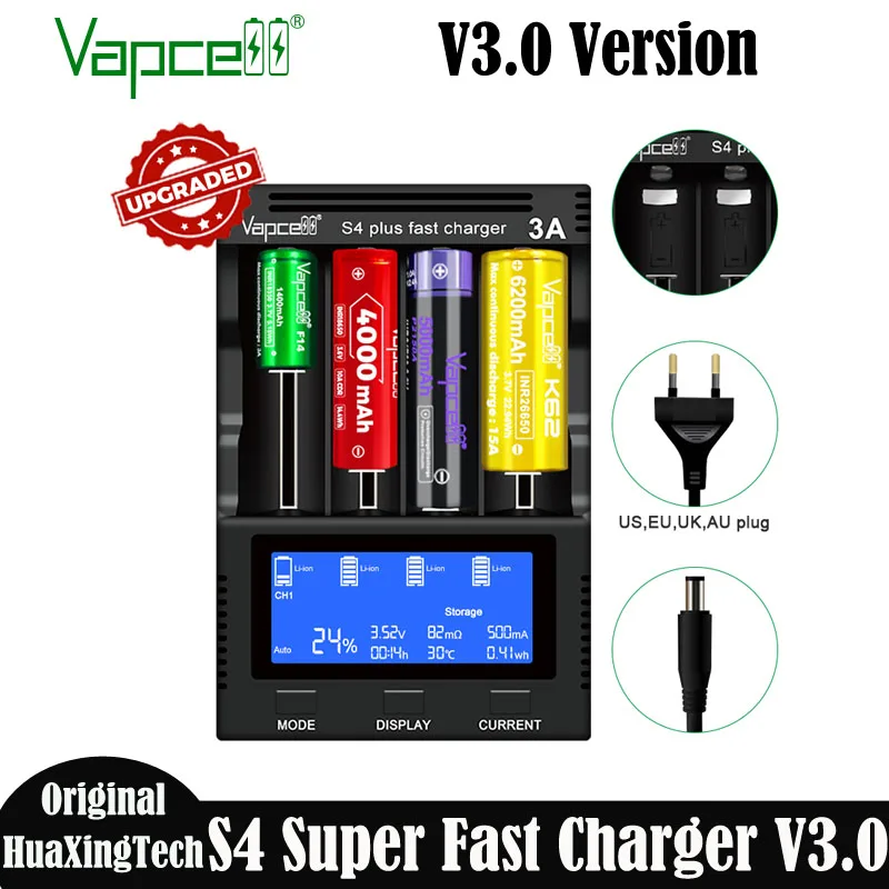 Pôvodná vapcell S4 plus v3.0 Fast Charger 3a 4 Slot Intelligent Charger s novým úložným režimom napájacieho adaptéra Aktualizovaný V2.0