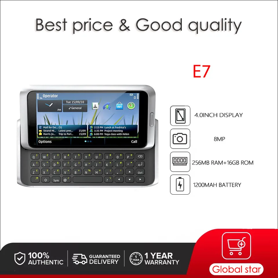 Pôvodný E7 E7-00 3G WiFi Bluetooth FM 8MP 16 GB ROM Camera Cameple Mobilný telefón Ruská arabská hebrejská klávesnica vyrobená vo Fínsku odomknutá