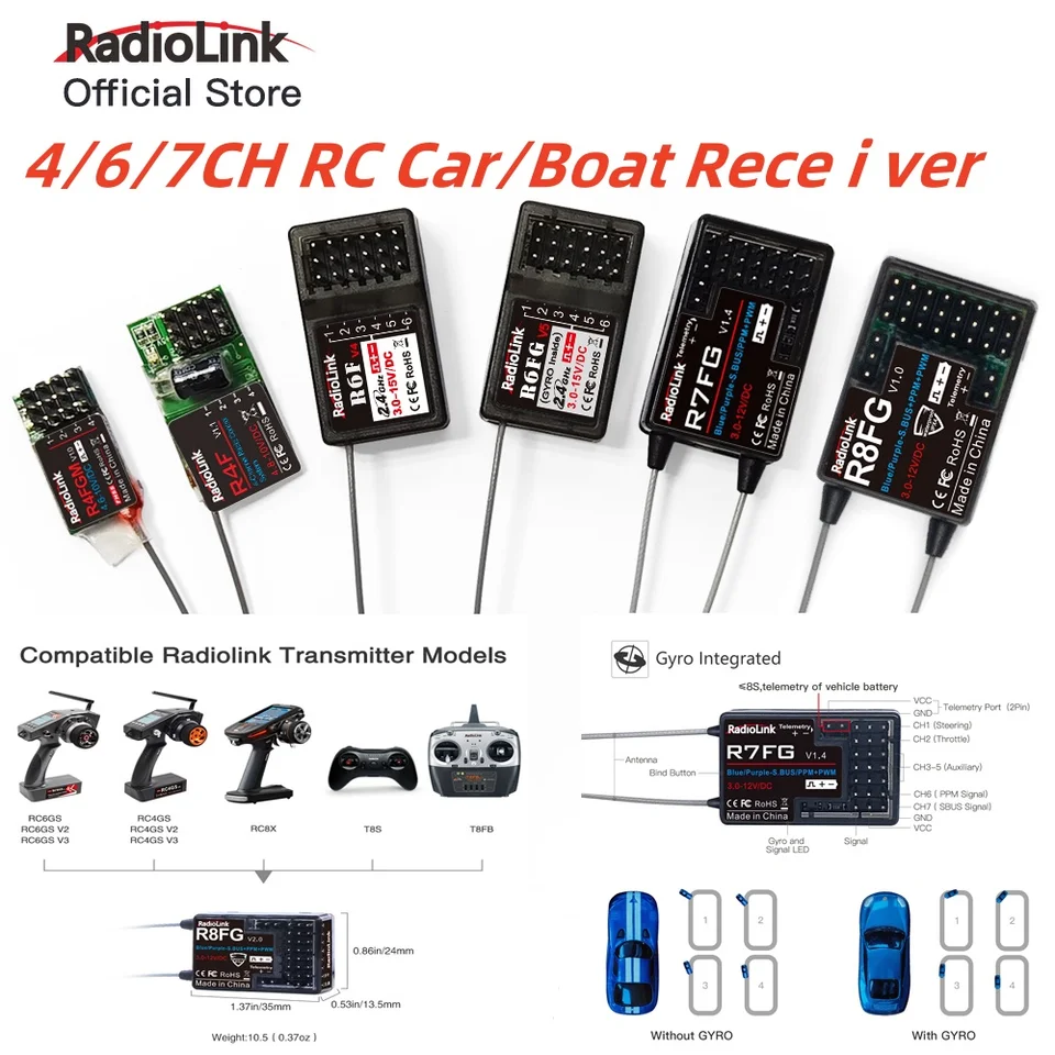 Pôvodný Radiolink 2.4gh R7FG R8FG R4FGM R6FG R6F prijímač Gyro pre prácu s automobilom RC pre prácu s autami pre vysielač RC4GS RC6GS T8FB T8S RC8X