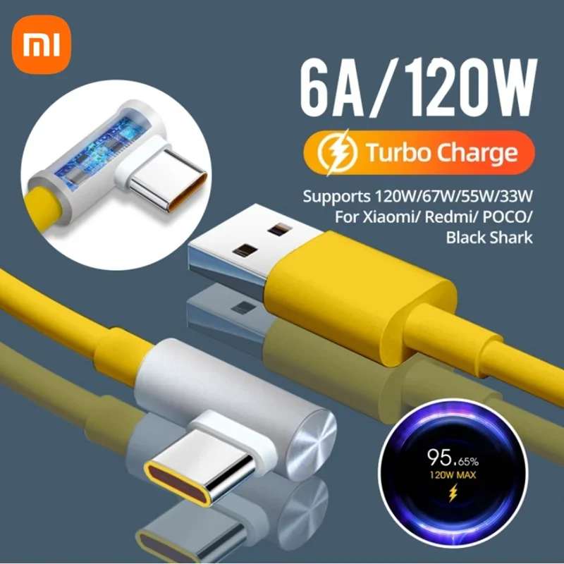 Pôvodný Xiaomi 120W 6A USB Typ C Game Rýchle nabíjacie kábel 90 stupňov lakťa pre MI 12 11 10 9 POCO X5 REDMI Note 12 Pro + Tipo