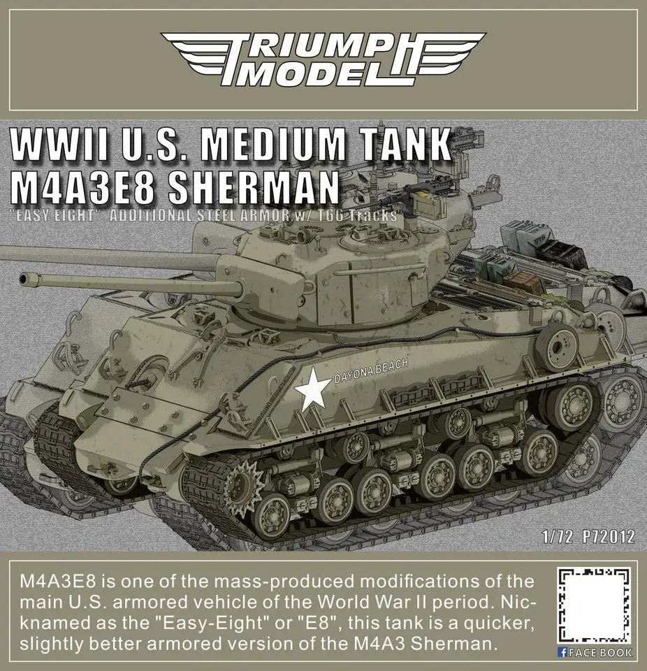Pštrosové modely P72012 1/72 Scale WWII US Stredný tank M4A3E8 Sherman 