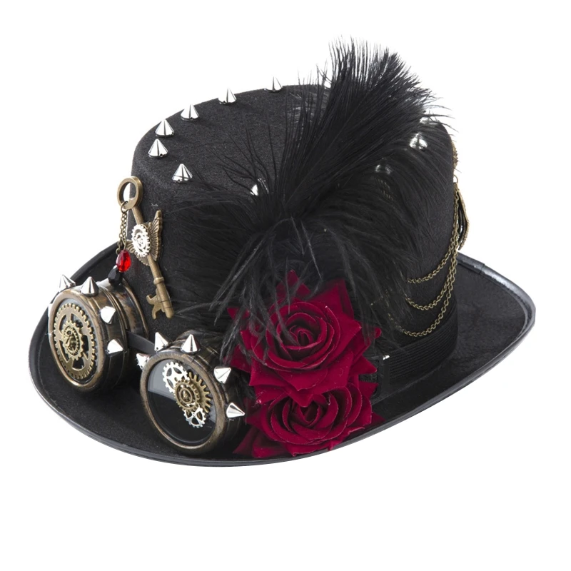 Q0ke Retro Goggles Dark Rose Chain Feather Steampunk Halloween klobúk s viktoriánskym klobúkom pre Halloween Vianoce