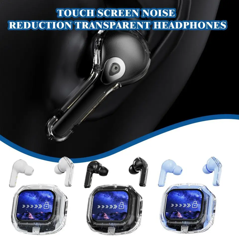 Q20 Wireless Bluetooth Headset Fulr Color Touch Screen Transparentné slúchadlá s potlačením hluku s LED displejom pre šport