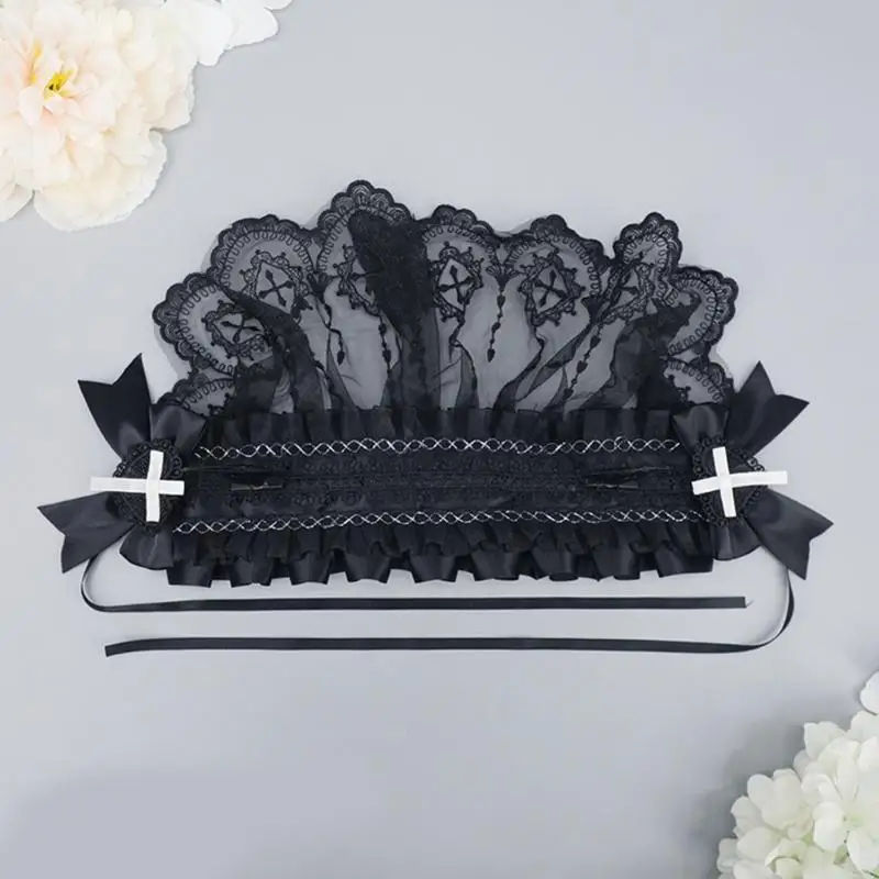 Q39C Role hra Nun Veil Headbands Pleat Lace Decors Hair Hoop Halloween Party Hluk Cosplay Animes Anime Character pre dospievajúcich
