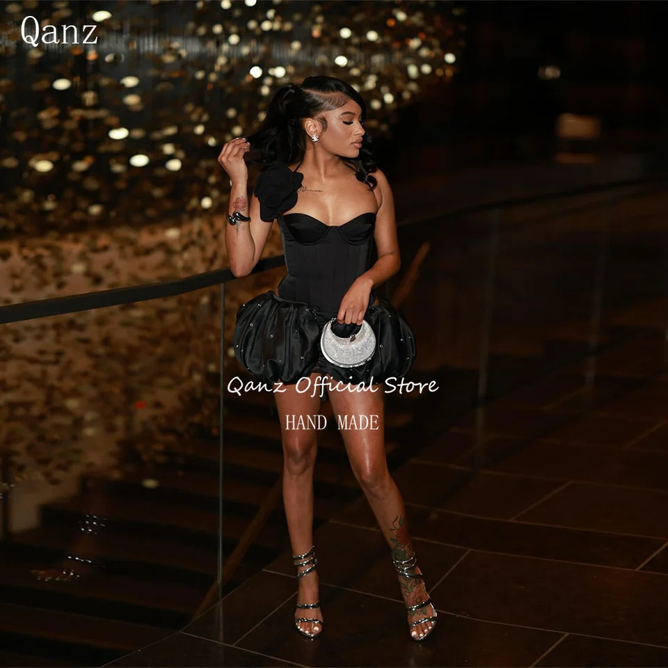Qanz African Black Mini 2 kusy rozdelené typy ples šaty Korzet Back Satin Sexy narodeninové šaty