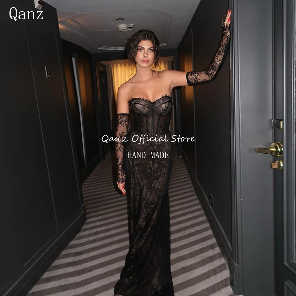 Qanz Chic Lace Čierne večerné šaty Odnímateľné dlhé rukávy morská panna Vestido de Gala Noche Mujer Dresses 2025 Ženy prispôsobené