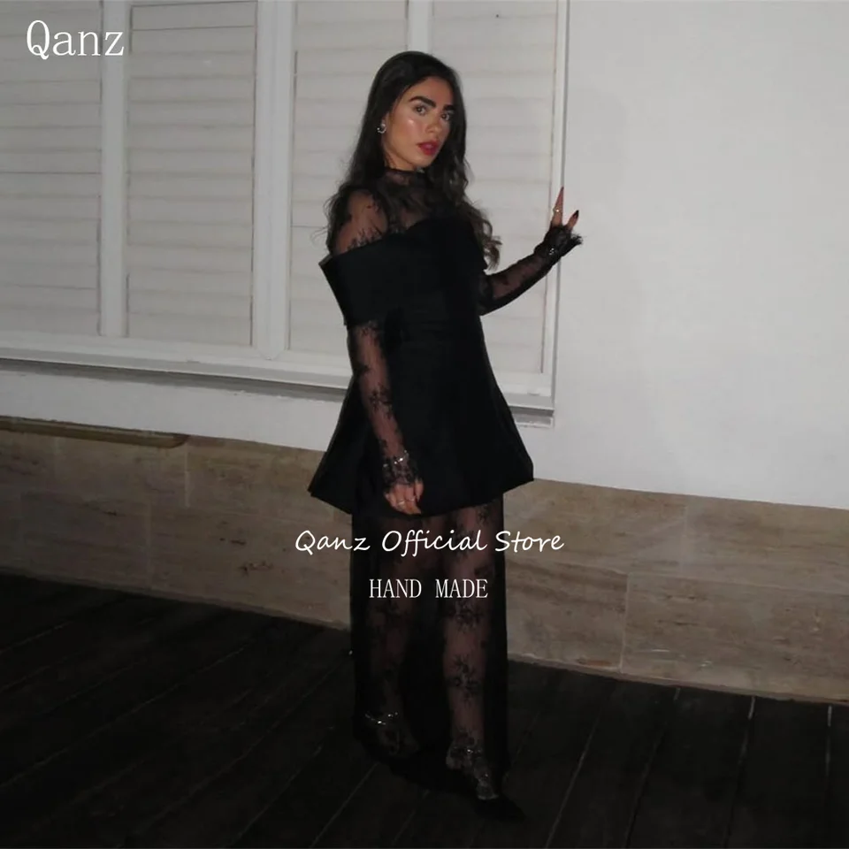 Qanz Elegantné plesové šaty číre dlhé rukávy Čierne večerné šaty Ženy Vysoký krk ilúzia čipkované šnúry klub Prispôsobené Prispôsobené