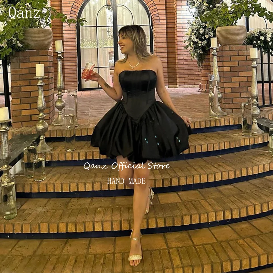 Qanz Fluffy Corset Homecoming Chayses Black Satin Short Vestidos para udalosti špeciálne kokteilové šaty klub Ženy Prispôsobené