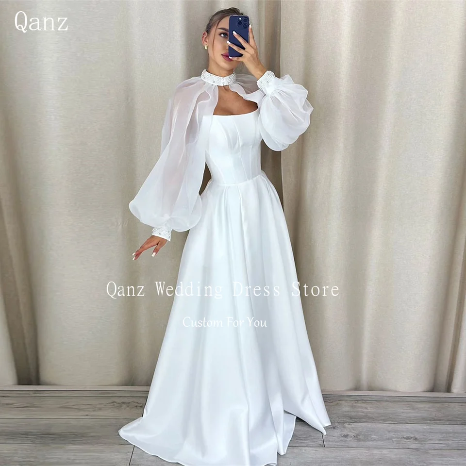 Qanz klasický biely satén Vestido de Novia High Strlit Long Ruckves Lace Up Back Svadobné šaty 2024 Bride Luxury Party Prispôsobené prispôsobené