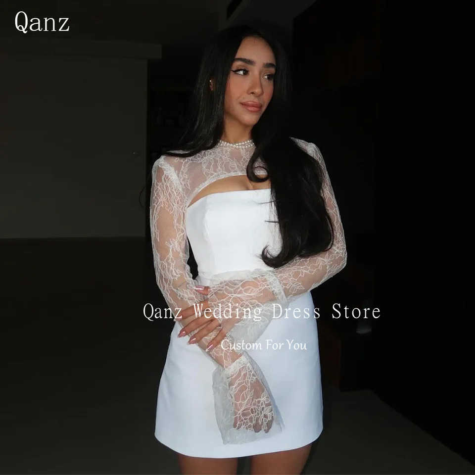 Qanz Prispôsobené biele svadobné šaty saténové dlhé rukávy Sexy ilúzia Mini čipky na zadné párty šaty Vestido de Novia Boda Civil