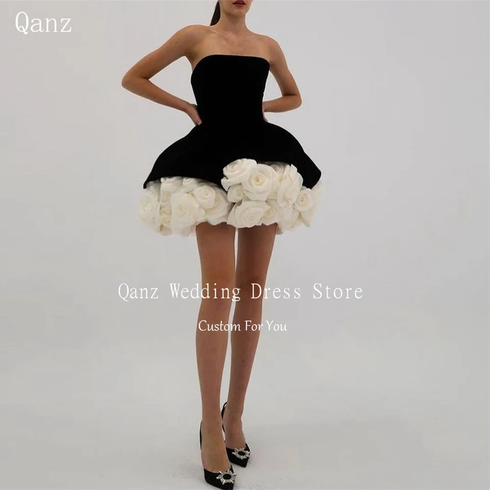 Qanz čierne/biele guľové šaty krátke plesové šaty Velvet 3D ručné ružové kvety Mini Tutu Fluffy Party Večerné šaty prispôsobené