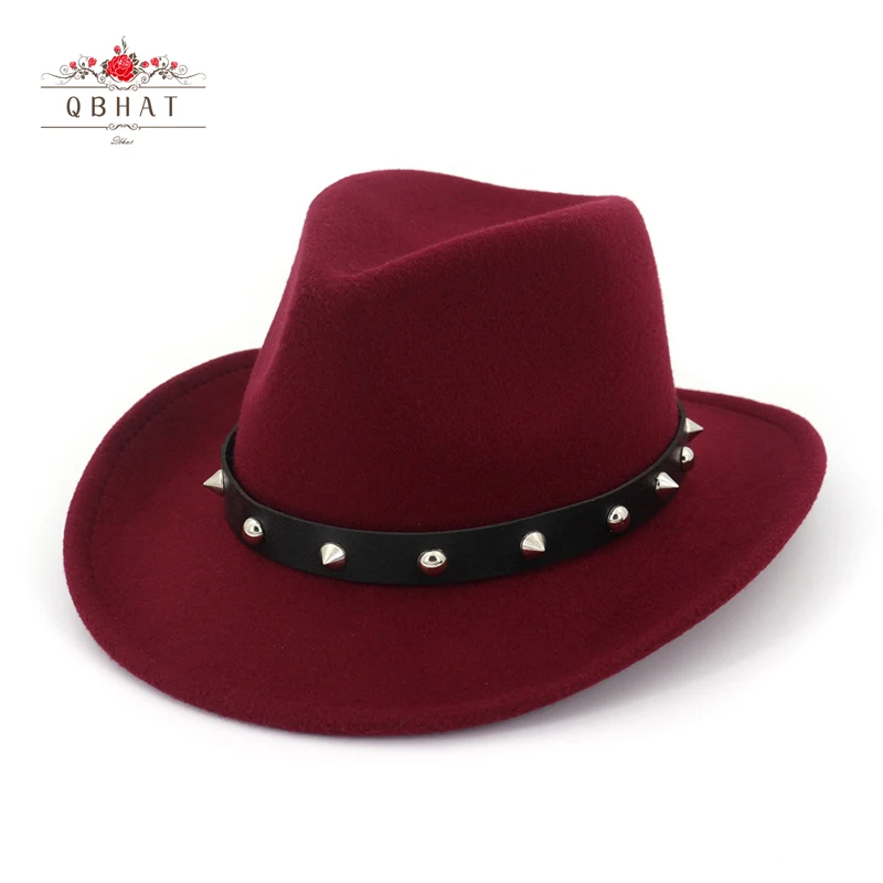 Qbhat unisex muži Ženy vlna panama klobúky západné kovbojové čiapky roll brim sombrero vlna Felt fedora trilby nitovej kože zdoble
