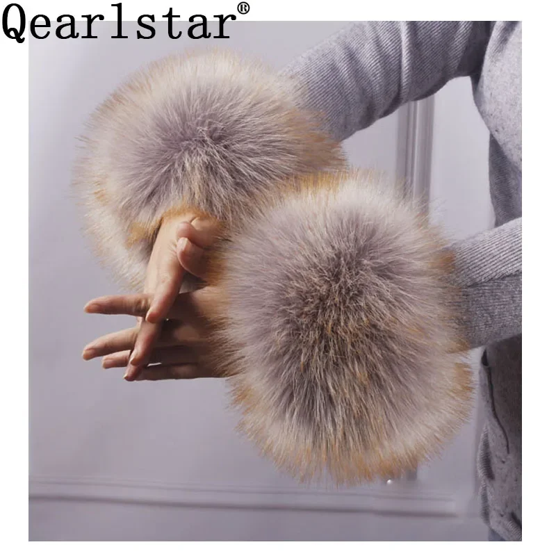 Qearlstar Women Faux Fox Fox Cuffs náramok Zimné teplé ruka zápästia Rukavice Rukavice s kožušinovým rukávom Sám