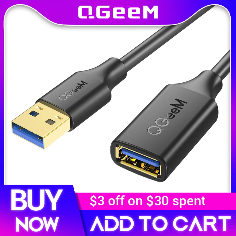 QGEEM USB predlžovací kábel USB 3.0 KABELOVÝ KABELOVÝ PRE PC NAPLATÝ PS SMART-TV PS4 Xbox SSD USB 3.0 2.0 Muž a ženský kábel dátový kábel