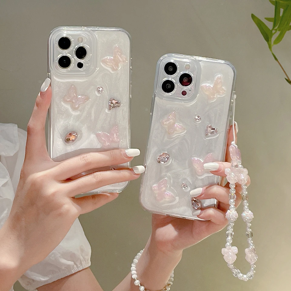 Qianliyao 3D roztomilý diamantový motýľový náramok pre puzdro pre iPhone 16 15 14 13 12 11 Pro XR XR XS MAX 7 8P Soft Shock odolný voči nárazu