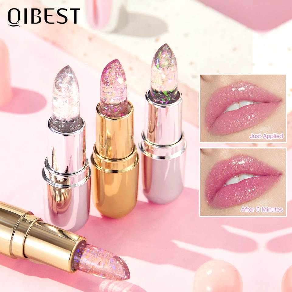 QiBest Glitter Jelly Lipstick Balzam Balzam na pery meniaca rúž Mytratalizujúca make -upová voda lesklá priehľadná kozmetika farby na pery