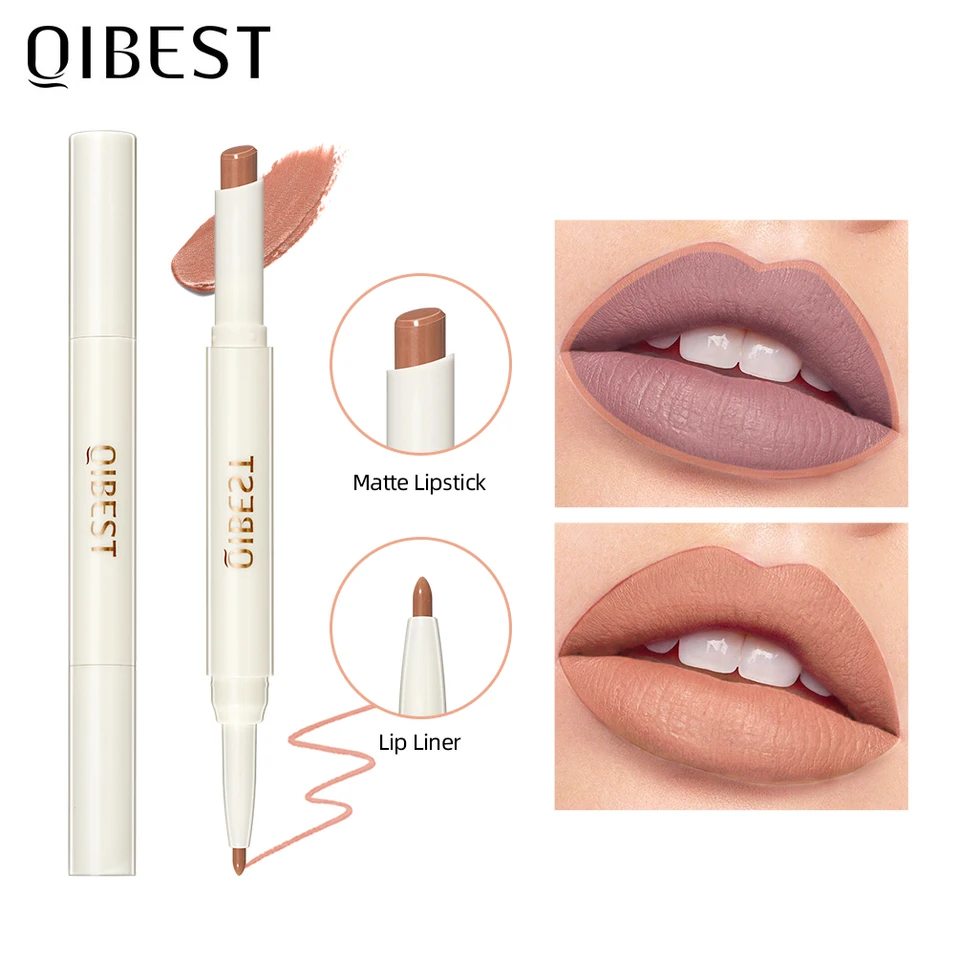 Qibest makeup 2 v 1 matná rúž a pery nude na pery ceruzka nepremokavá make -up kozmetika balzam na pery matný krém Lipliner
