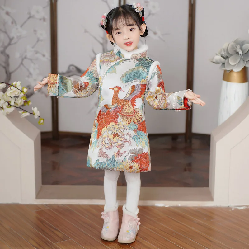 Qipao Girls Tang Suit Hanfu Zimné šaty Nové detské oblečenie Čínsky Phoenix Cheongsam Nový rok Soft Zhryznutý teplý kostým