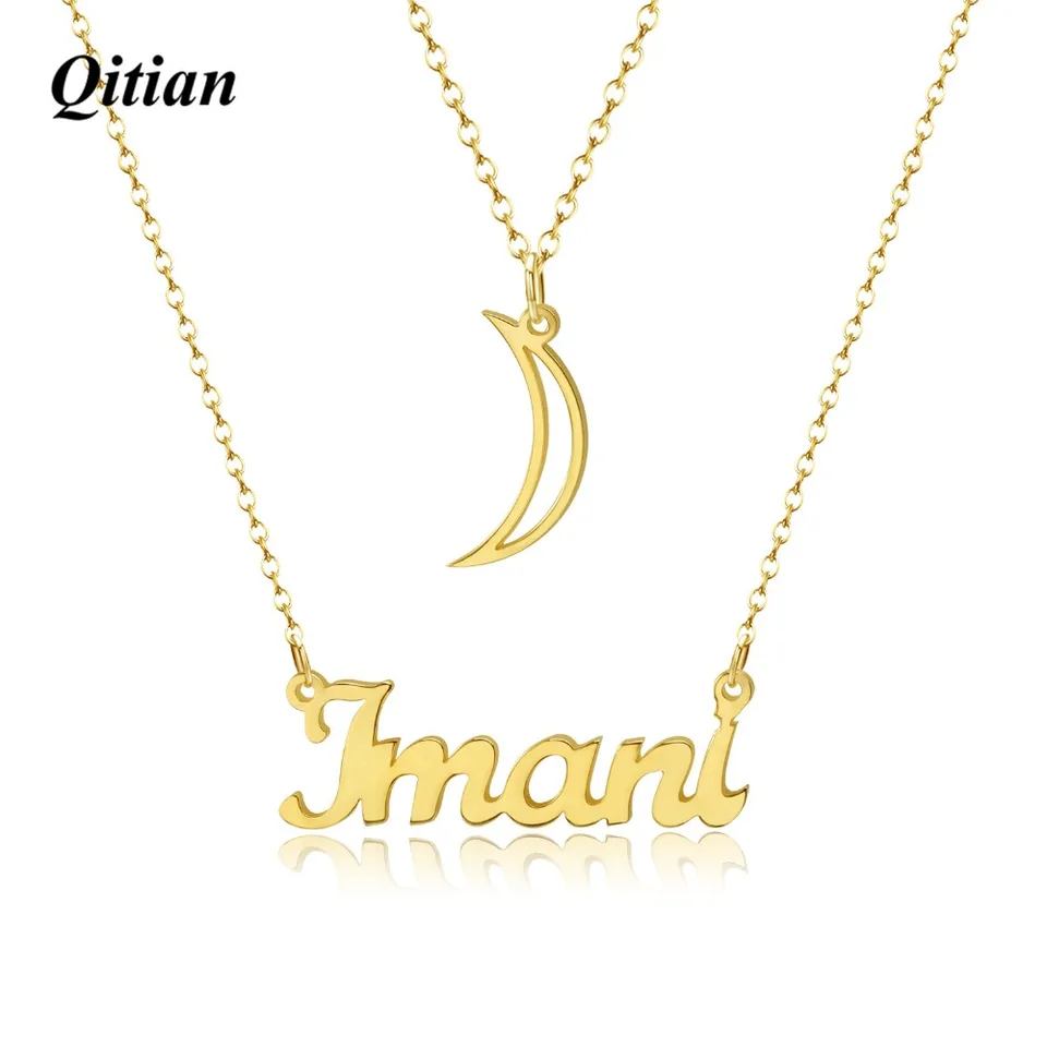Qitian Custom názov náhrdelník s mesiacom personalizovaný názov vrstvy Náhrdelníci kúzlo z nehrdzavejúcej ocele Názov šperky pre ženy darček darček